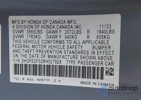 2024 Honda Civic Sport from USA, damaged, VIN 2HGFE2F50RH527928